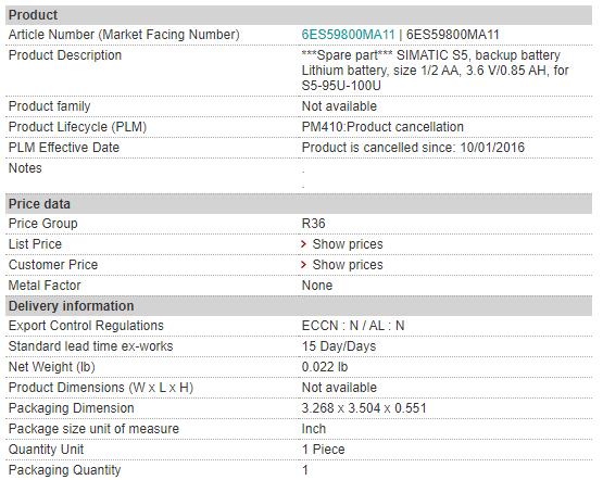 6ES5980-0MA11 6ES5 980-0MA11 Siemens Back up Battery