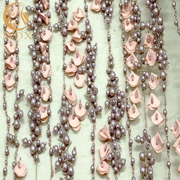 Purple 3D Flower Lace Fabric With Beaded Embroidery On Nylon Mesh