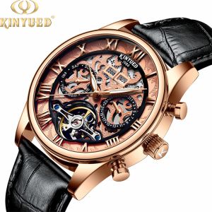 KINYUED genuine leather tourbillon mens automatic watch skeleton mechanical
