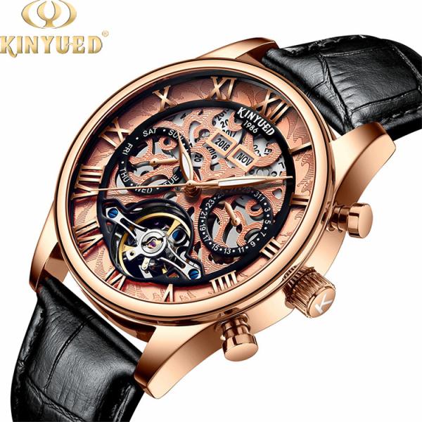 KINYUED genuine leather tourbillon mens automatic watch skeleton mechanical