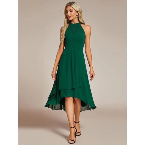 Sexy A-line Sleeveless Halter Neck Wedding Guest Dress Dark Green Chiffon Graduation Dresses