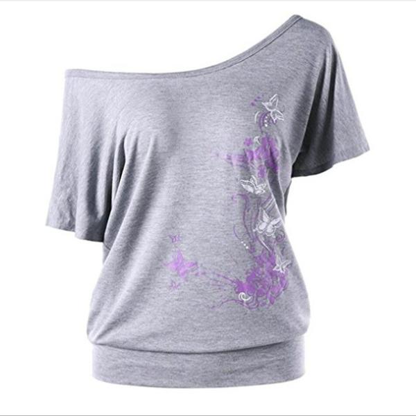 100% Cotton Plus Size Ladies Shirts Bat Sleeve T Shirt Slant Shoulder Short Sleeve