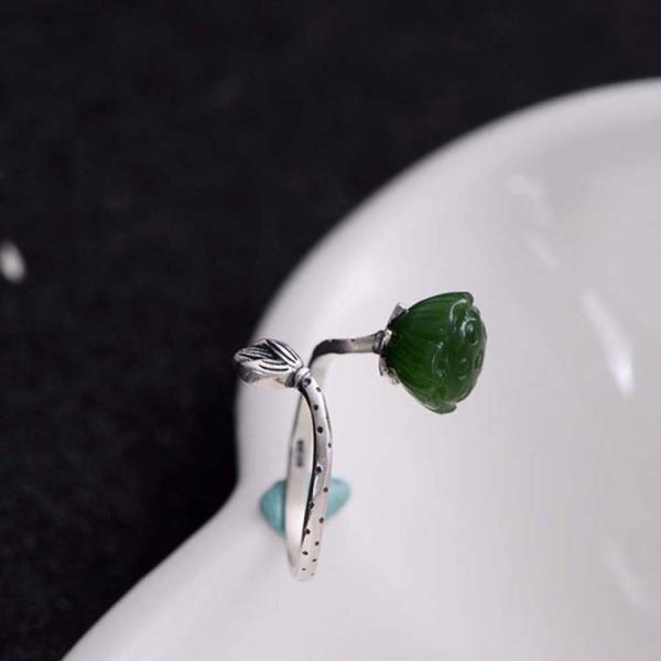 Sterling 925 Silver Sculptured Lotus Flower Natural Jade Gemstone Ring (060006)