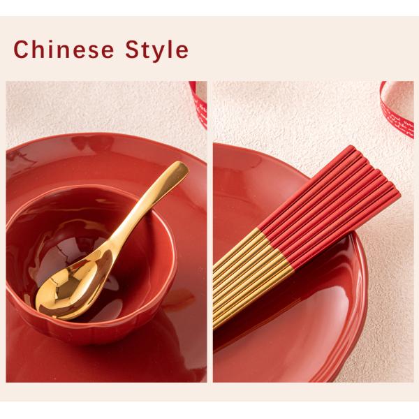 Party Essential Stainless Steel Gold Spoon Set With Red Chopsticks Chinese Style