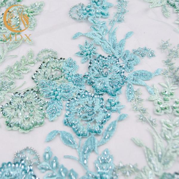 MDX Mint Green Pattern Lace Fabric 91.44 Cm Length Tulle Beaded Embroidered