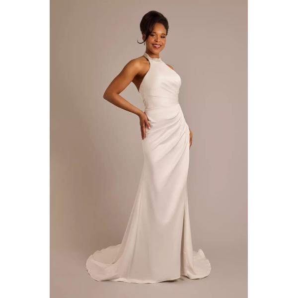 Stunning Customized Size Crystal Halter Ruffles Split Slit Sheath Chapel Train Zipper Ivory Satin Wedding Dress