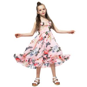 Quality Girls Casual Summer Children'S Clothing Printed Off Shoulder Short Sleeve Ruffle A-Line for sale
