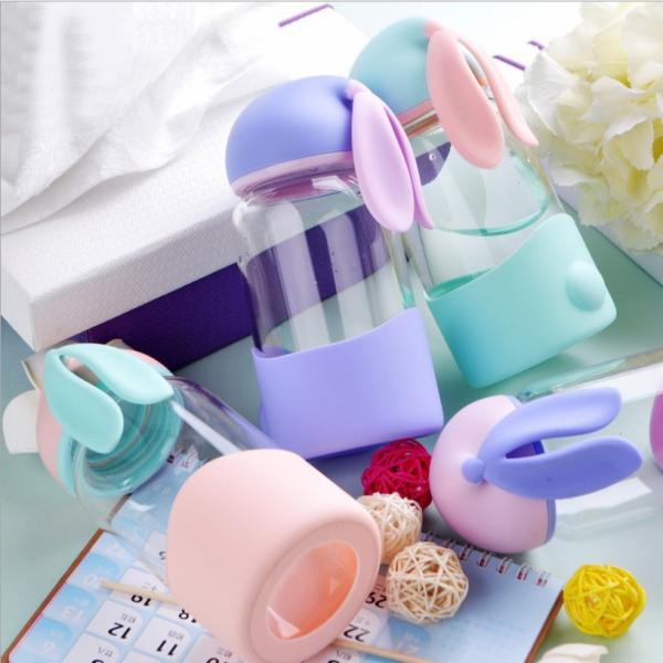 340ml Kids Rabbit Shaped Gift Unbreakable Glass Water Bottle With Silicone Sleeve
