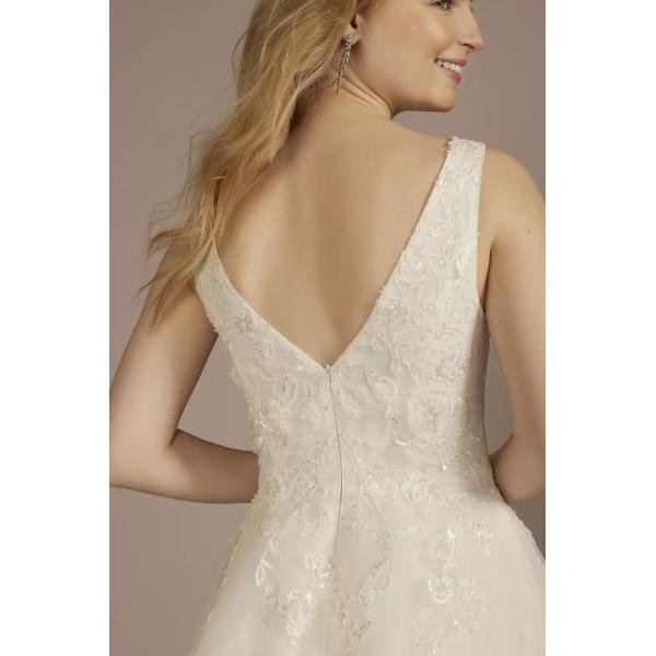 Flirty A-line Plus Size Tea-length Plunging Neckline Tank Straps Appliqued Lace Zipper White Organza Midi Wedding Dress