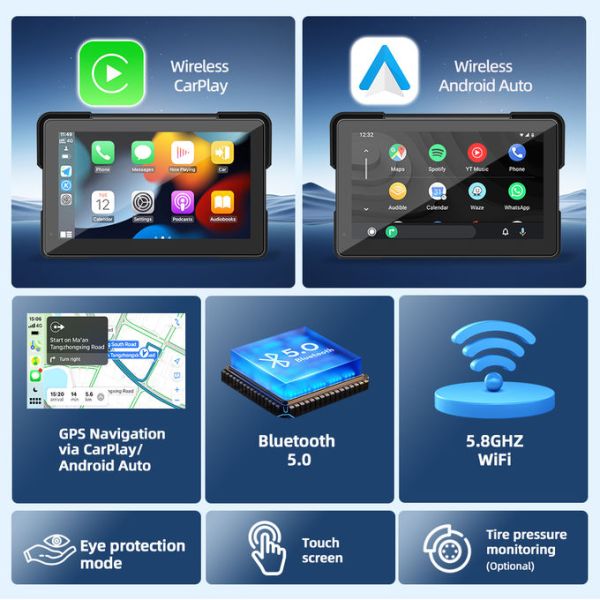 Grandnavi 7 Inch Quick Release Motorcycle Carplay Detachable IP67 Support Wireless Carplay Android Auto for Scooter Motobike UTV