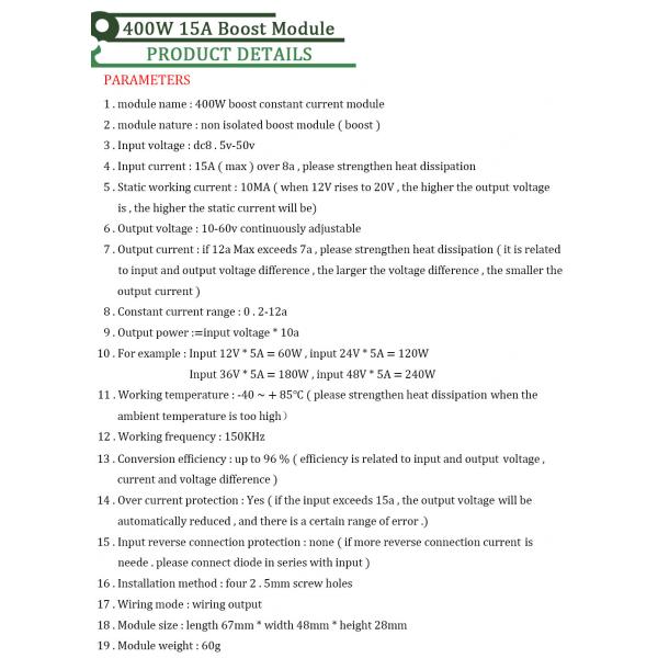 DC 400W 15A Step-up Boost Power Module LED Driver 8.5-50V to 10-60V Voltage Charger