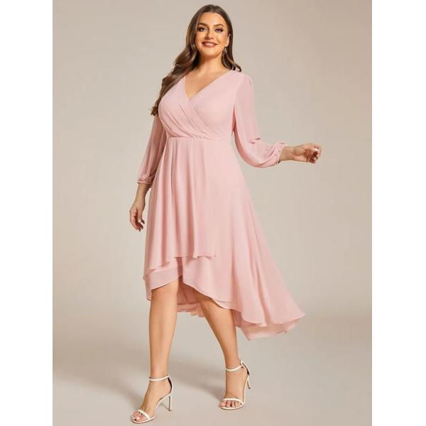 Plus Size Ruffled A-line Long Sleeve V-neck High Low Wedding Guest Dark Purple Chiffon Bridesmaid Dress