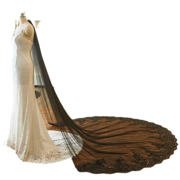 Customized 4m*3m Wholesale Long Cathedral Appliqued Lace Sequins Tulle A Top Vantage Bridal Wedding Black Veil With Hair