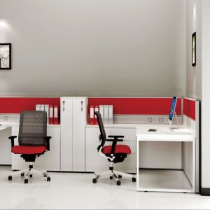 L-Shaped Staff Working Position With White And Red Color Matching Screen For