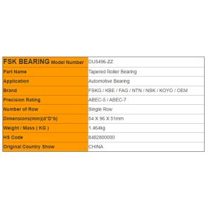 Radial DU5496- ZZ Tapered Roller Bearings DU Series Automobile Front Wheel Hub