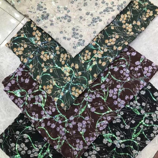 Buy Floral Chiffon Embroidered Print Sequin Fabric Polyester Glitter at wholesale prices