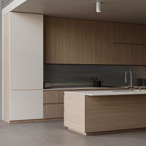 Melamine Finish Wood Grain And Solid Wood Handleless Kitchen Cabinet For Villa