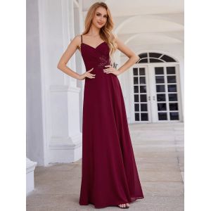 Quality Chic V-neck Pleated Sleeveless Backless A-line Empire Spaghetti Strap Applique Waist Burgundy Chiffon Bridesmaid Dress for sale