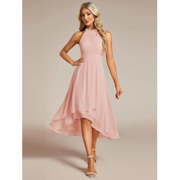 Tea-length A-line Sleeveless Halter Neck Wedding Guest Dress Pink Chiffon Cocktail Dresses