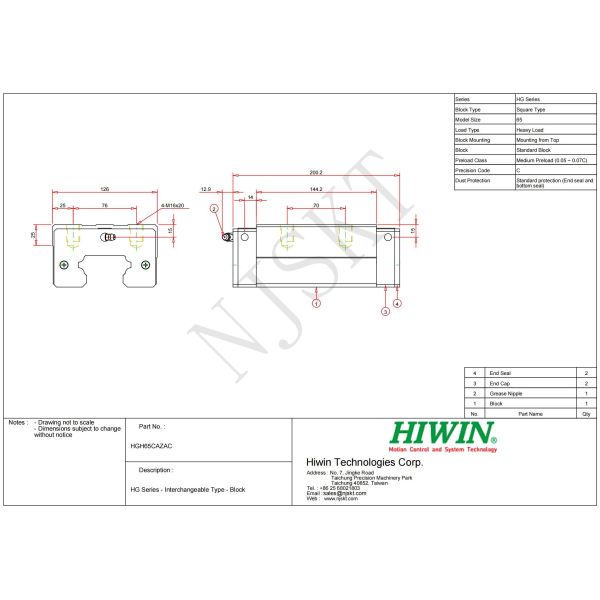 HIWIN HGH65CA Linear Guideway Block 65mm Conveyor Guide Rail