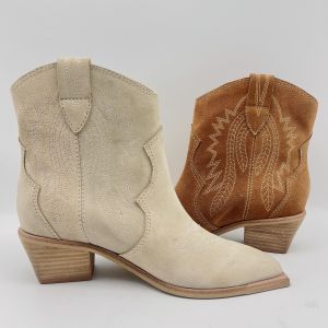 Fashion Womens Leather Dress Boots Brown / Beige With Flower Embroidery