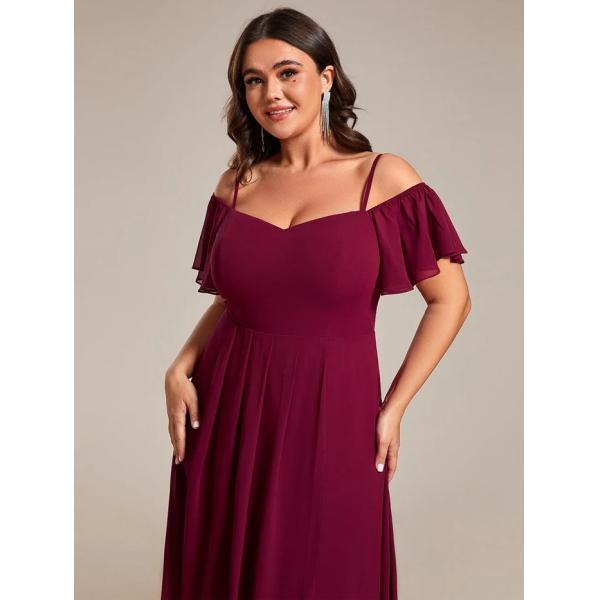 Empire Off-shoulder Spaghetti Strap Zipper High-low Wedding Guest Dresses Short Sleeves Burgundy Chiffon Evening Dress