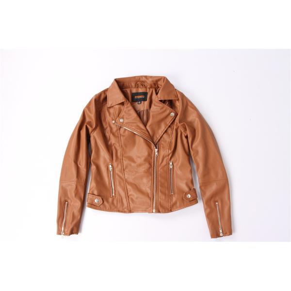 Buy Water Resistant Coffee Faux Leather Bomber Jacket Womens 100% Polyurethane at wholesale prices