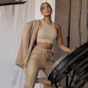 Slim Women's High Waisted Leather Pants Temperament Ribbing Splicing