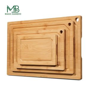 Deep Juice Groove Bamboo Wood Cutting Board Set with Side Handles for Cheese and