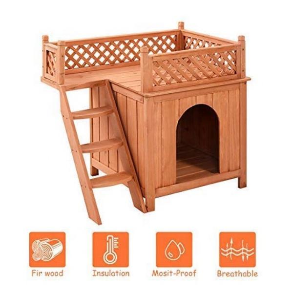 Puppy Dog Wooden Pet House Shelter With Stairs Balcony Indoor Outdoor