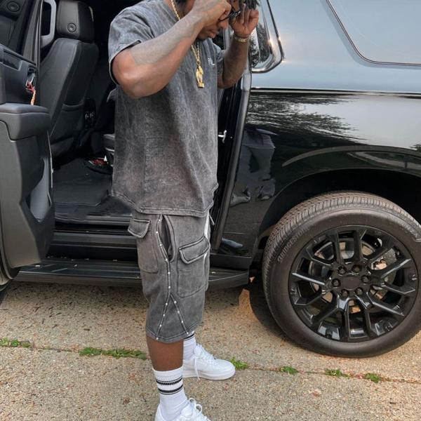 Custom Summer Casual Acid Wash T Shirts and Cargo Sweatsuit Tracksuit Vintage Applique Embroidered Shirt and Shorts Set for Men