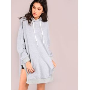New Designs Slit Hooded Pocket Front Dropped Shoulders Sweatshirt for Women