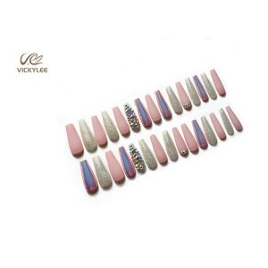 Glossy Pink Purple Hologram long coffin acrylic nails With Glitter