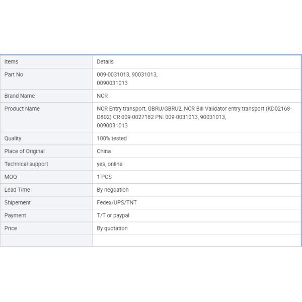 NCR Entry transport, GBRU/GBRU2, NCR Bill Validator entry transport (KD02168-D802) CR 009-0027182 PN: 009-0031013, 90031013, 0090031013