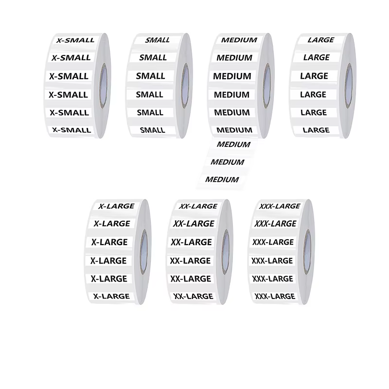 Transparent clothing size strip label tear resistant 250 strips per roll, 3.18 cm X 12.70 cm