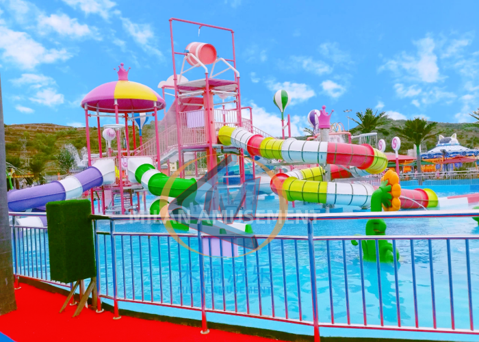 23x21m Aqua Amusement Park Playground Water Park Fiberglass Material With Candy