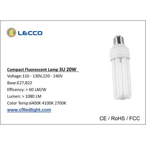 High Brightness Compact Fluorescent Lamps Cfl T4 20W Bulbs 3U Tricolor 8000h