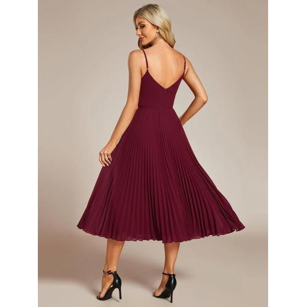 V-neck Empire Midi Burgundy Chiffon Stacked Pleating Backless Wedding Guest Dress Cocktail Dresses