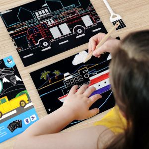 12 Pieces Vehicle Scratch Paper Art Set Colorful Black Drawing Boards