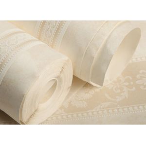 Beige Damask Pattern Non Woven Wallpaper / Embossed Living Room Striped