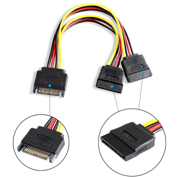 Male to Female Data Sata 15 Pin Power Y Splitter Cable for Computer HDD SSD PC Case