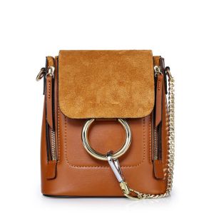 Double Shoulder Bags Women School Bags Cowhide Cross-body Bag with Big Ring
