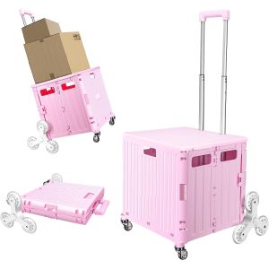 Foldable Cart With Stair Climbing Wheels, Collapsible Rolling Crate Telescoping