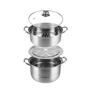Two Layer Stainless Steel Steamer Pot With Handles Glass Lid