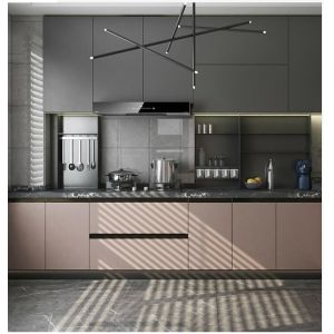 L shape Modern Modular Kitchen cabinet in Lacquer paiting finished quartz stone