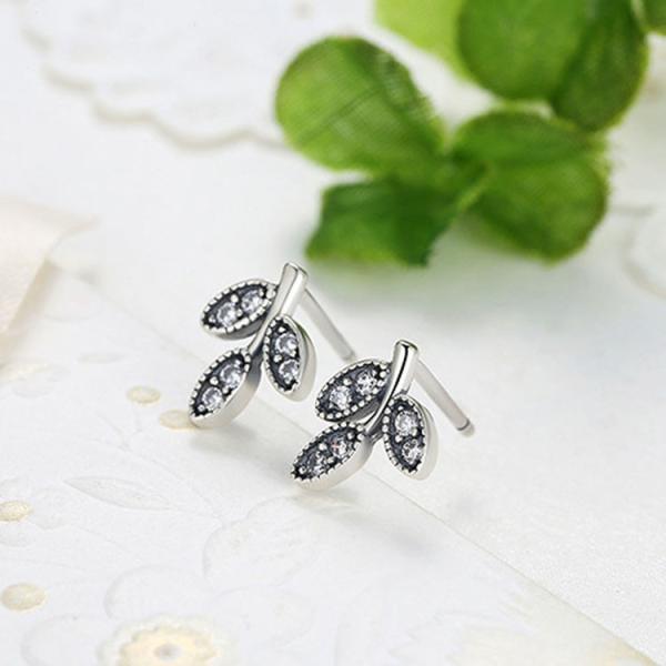 Sterling Silver Pave Cubic Zircon Leaves Stud Earrings (E12281)