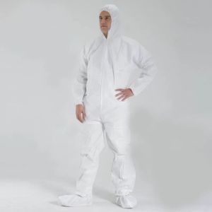 China Disposable Dust Suits Hooded White Disposable Coveralls With Shoe Cover on sale
