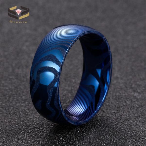 Bold Hand Wedding Damascus Steel Mens Ring 8mm Blue Religious Type Domed Wood Grain