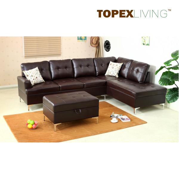 Air Leather Brown with Cushions,Stylish sofas with Chaise,Ottoman table with storage,Modern Sofa with Metal legs.