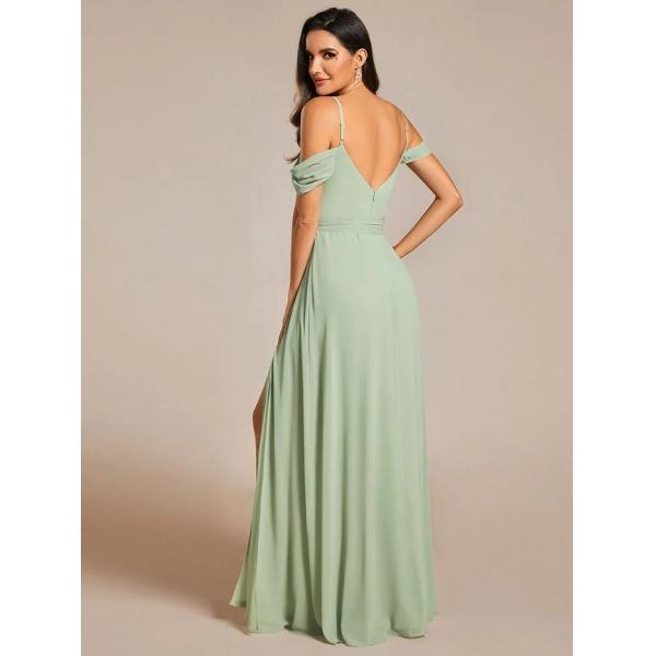 Plus Size A-line Ruffled V-neck Spaghetti Strap High Slit Mint Green Chiffon Bridesmaid Dress